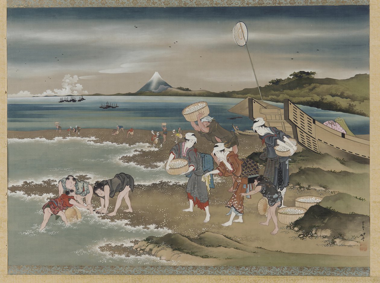 Paisaje: recolectores de almejas en la orilla de Katsushika Hokusai