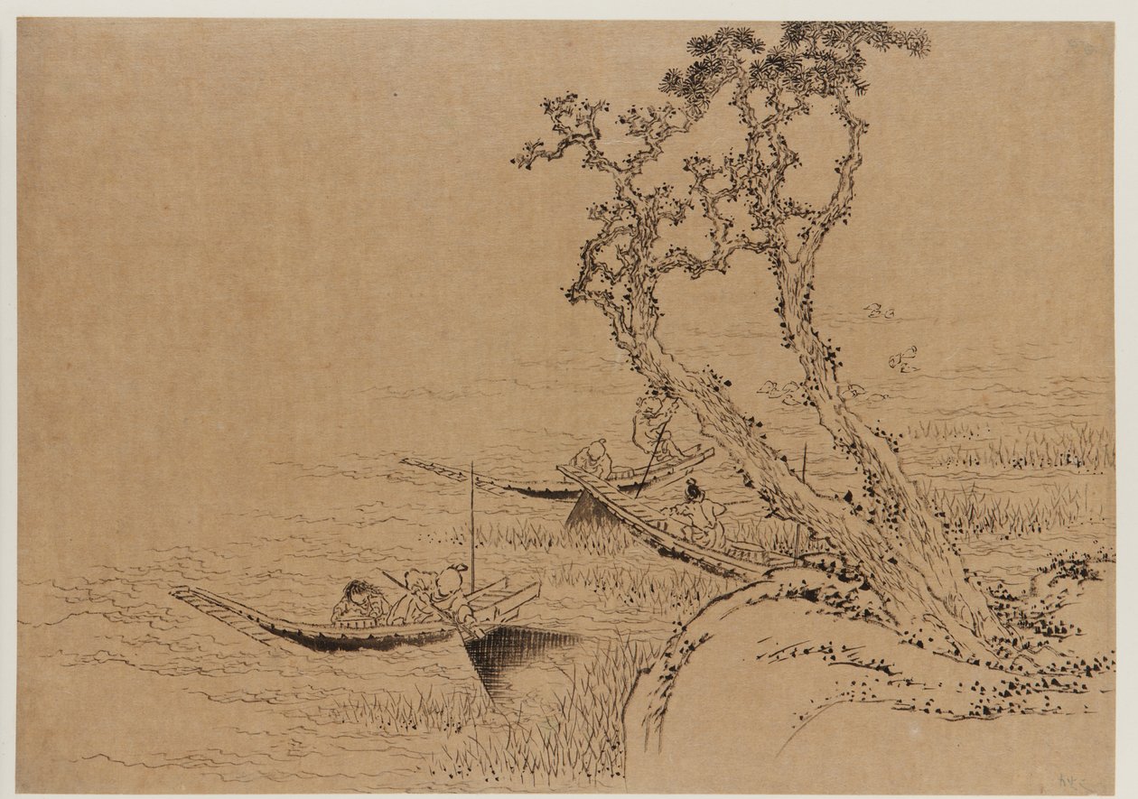 Paisaje: figuras pescando desde botes de Katsushika Hokusai