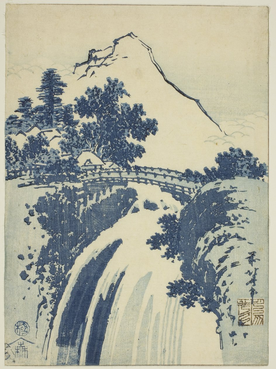 Paisaje con cascada, de una serie sin título de impresiones chuban de Katsushika Hokusai