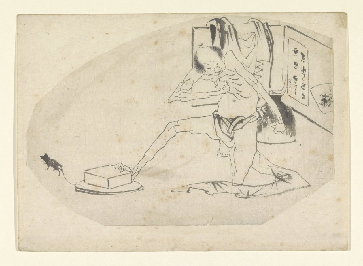 Hombre en taparrabos, una caja y un ratón. de Katsushika Hokusai