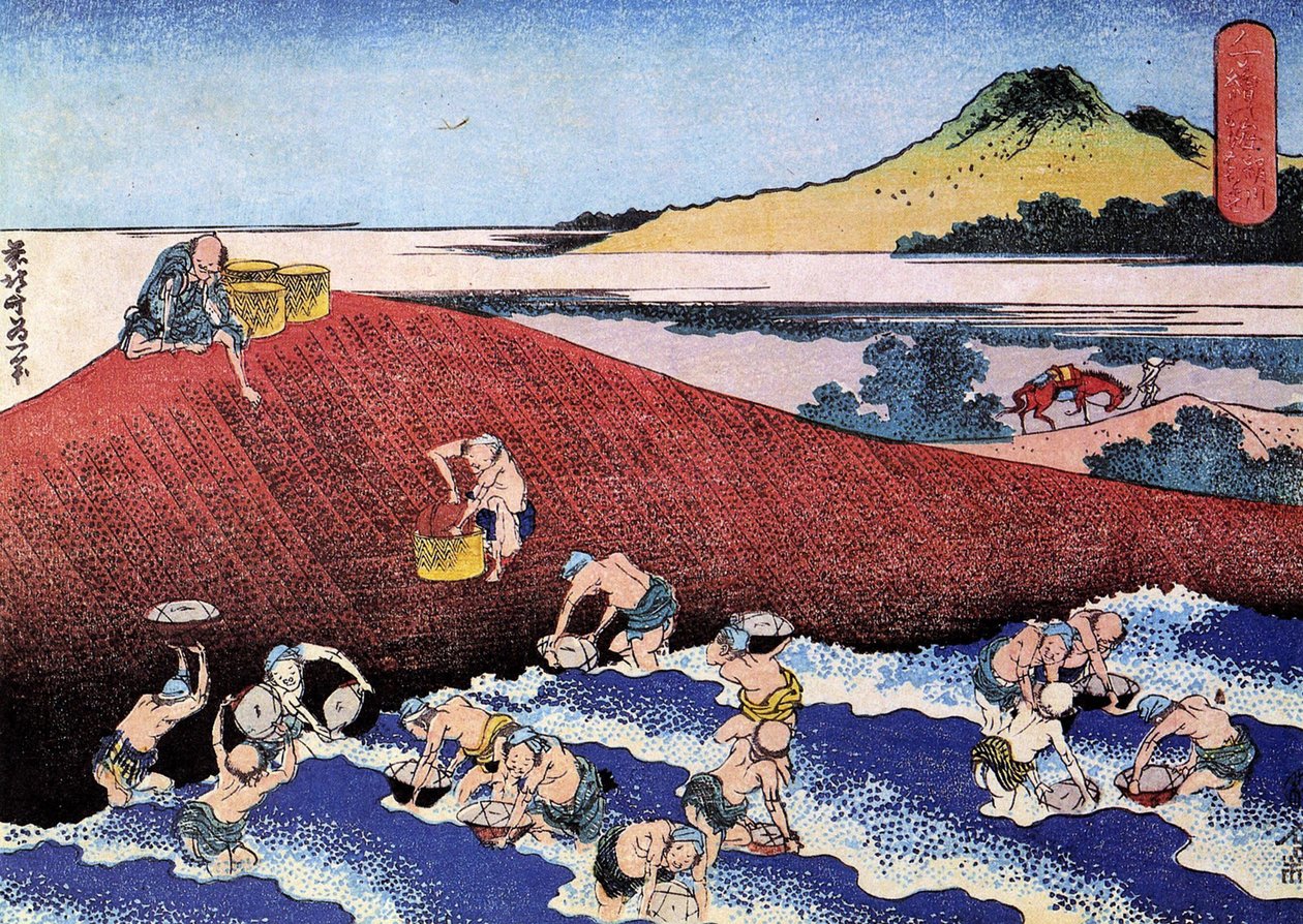 Mil vistas al océano, Japón: pescadores en la orilla. (Impresión de Katsushika Hokusai