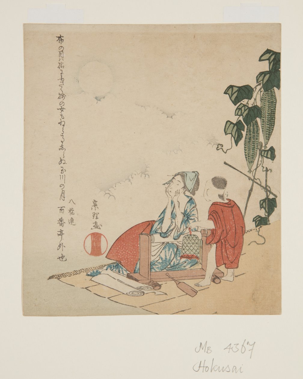 Madre e hijo junto a una pérgola de calabazas a la luz de la luna de Katsushika Hokusai