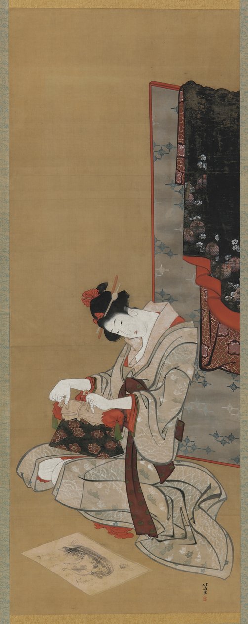 Costumbre de Año Nuevo: Maquillaje en la Mañana de Año Nuevo, período Edo, c.1806-11 de Katsushika Hokusai