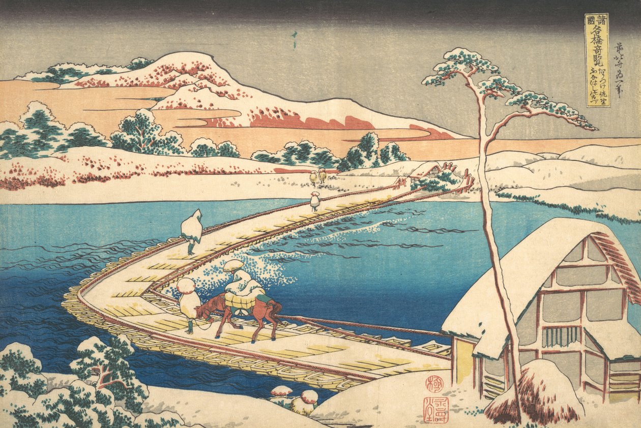 Vista antigua del puente de botes en Sano en la provincia de Kozuke, 1827-30 de Katsushika Hokusai