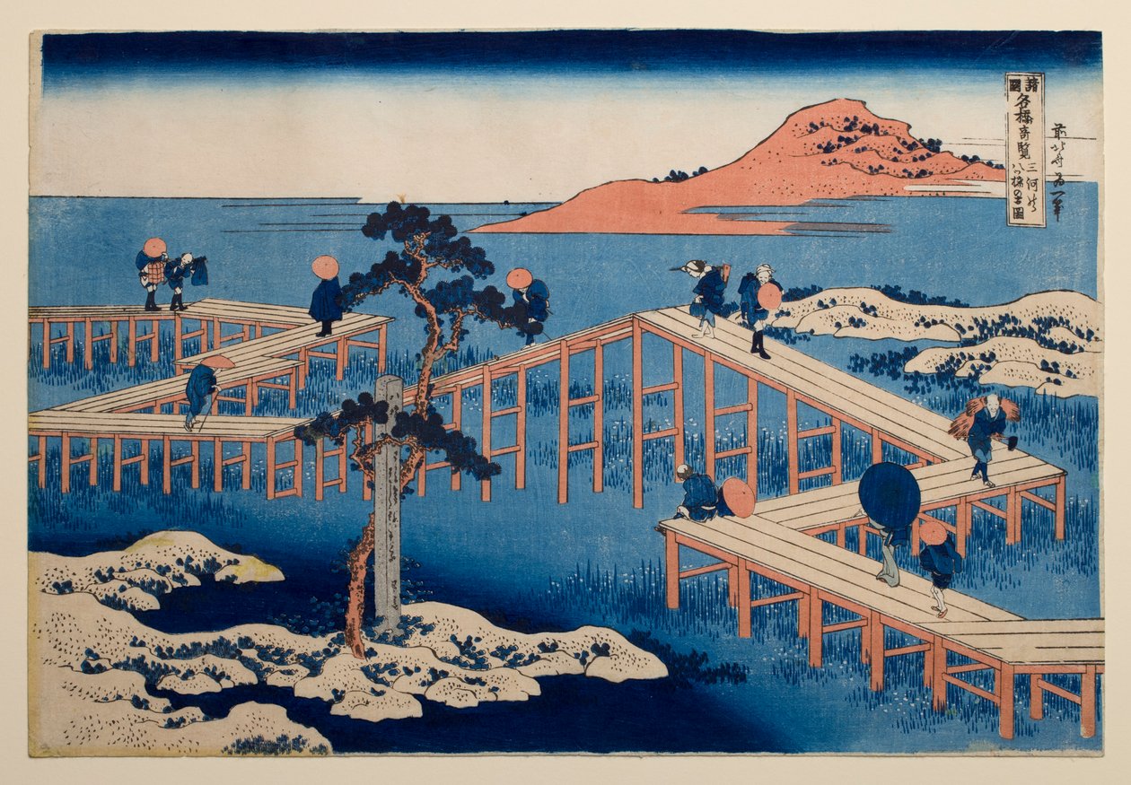 Antigua vista del puente de ocho tramos de Yatsuhashi, en la provincia de Mikawa, de la serie «Vistas destacadas de puentes en diversas provincias» de Katsushika Hokusai