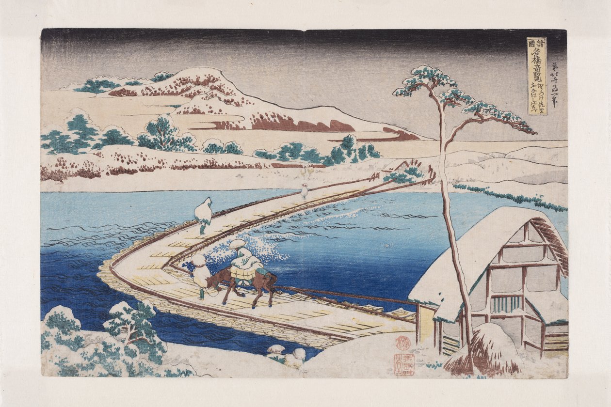 Vista antigua del puente de pontones en Sano en la provincia de Kōzuke de Katsushika Hokusai