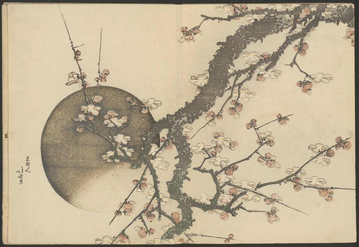 El ciruelo en flor y la luna del libro El monte Fuji en primavera (Haru no Fuji) de Katsushika Hokusai