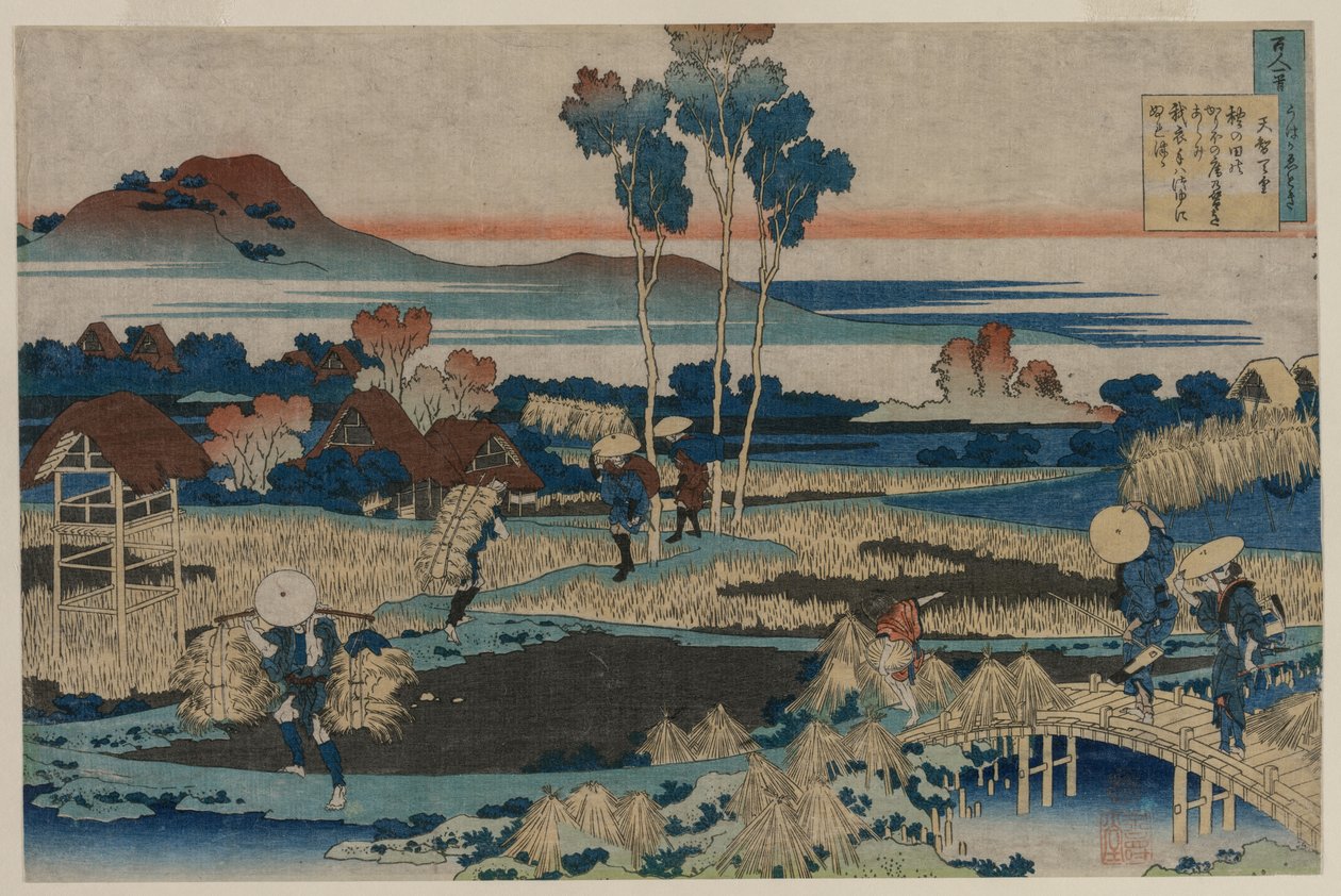 Poema del Emperador Tenchi, de la serie Cien poemas por cien poetas explicados por la nodriza de Katsushika Hokusai