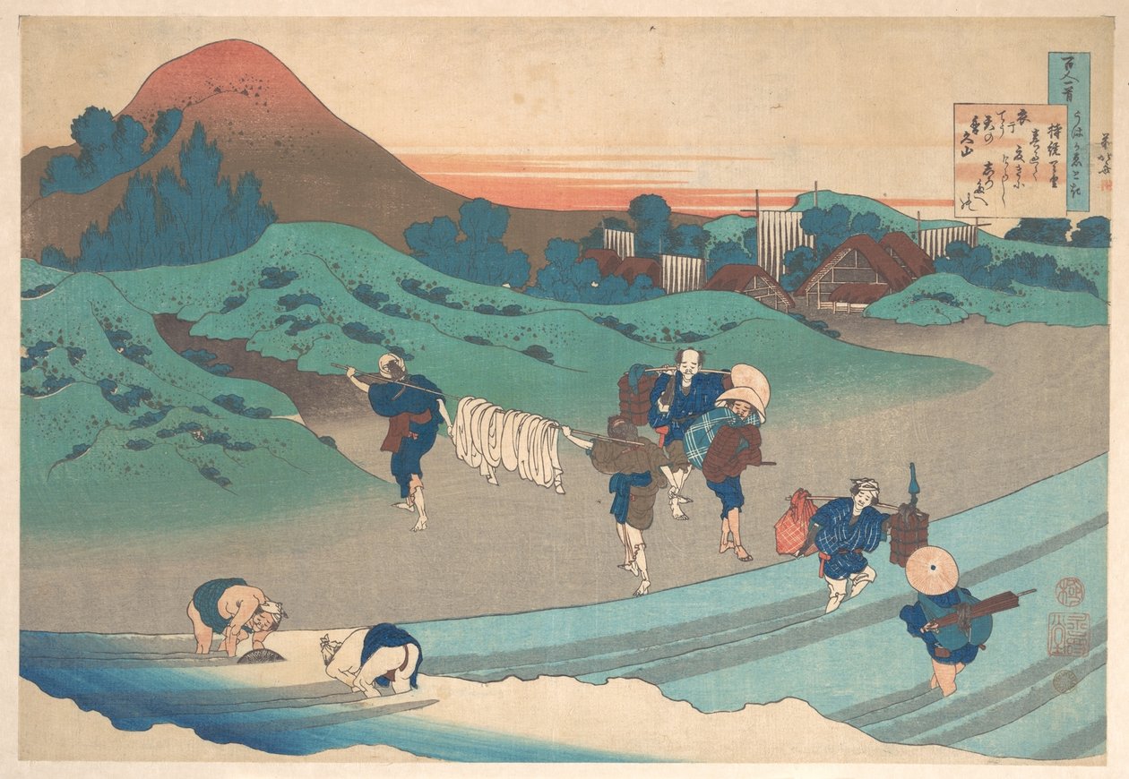 Poema de la emperatriz Jitō, de la colección «Cien poemas explicados por la nodriza» (Hyakunin isshu uba ga etoki) de Katsushika Hokusai
