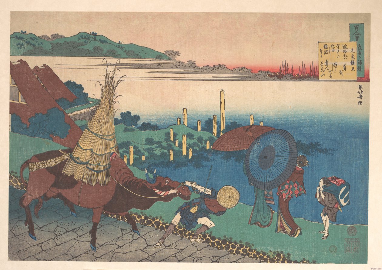 Poema de Motoyoshi Shinnō, de la serie «Cien poemas explicados por la nodriza» (Hyakunin isshu uba ga etoki) de Katsushika Hokusai