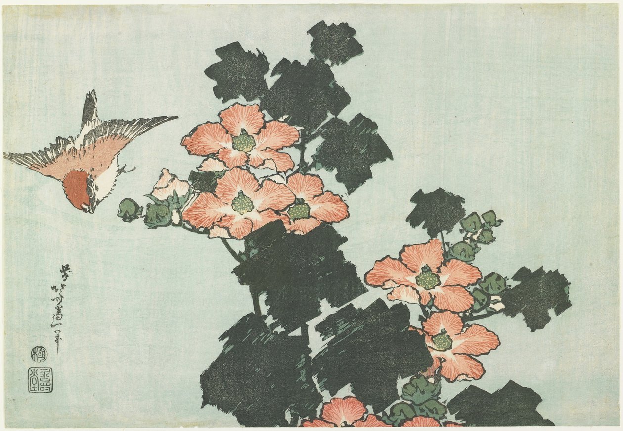 Malva Rosa y Gorrión, c. 1832 de Katsushika Hokusai