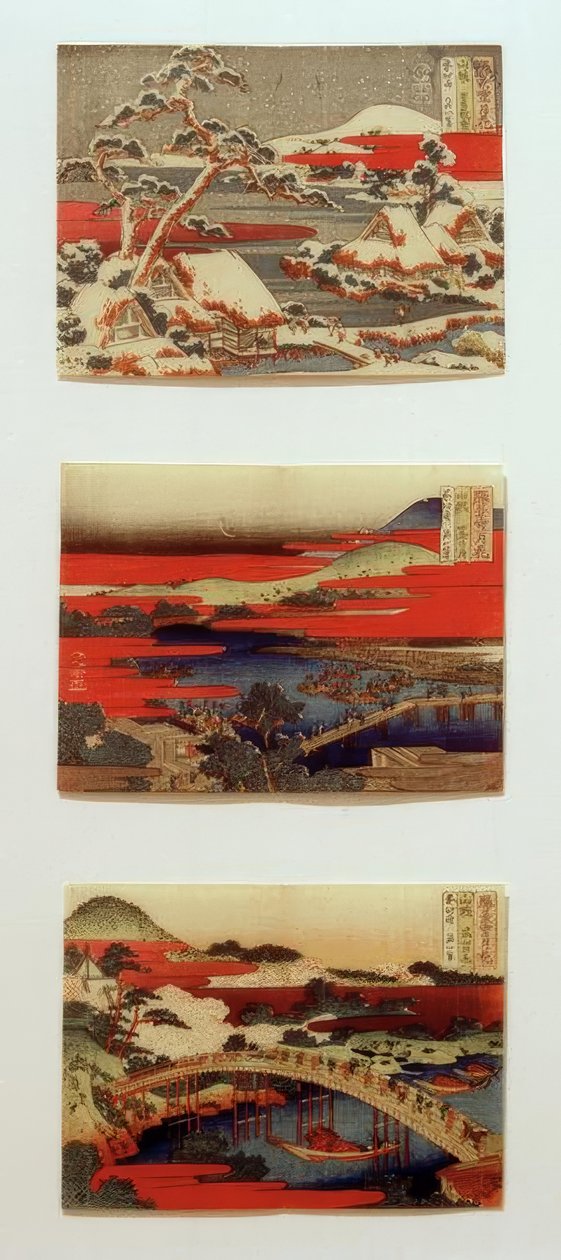 Nieve, luna y flores en hermosos paisajes de Katsushika Hokusai