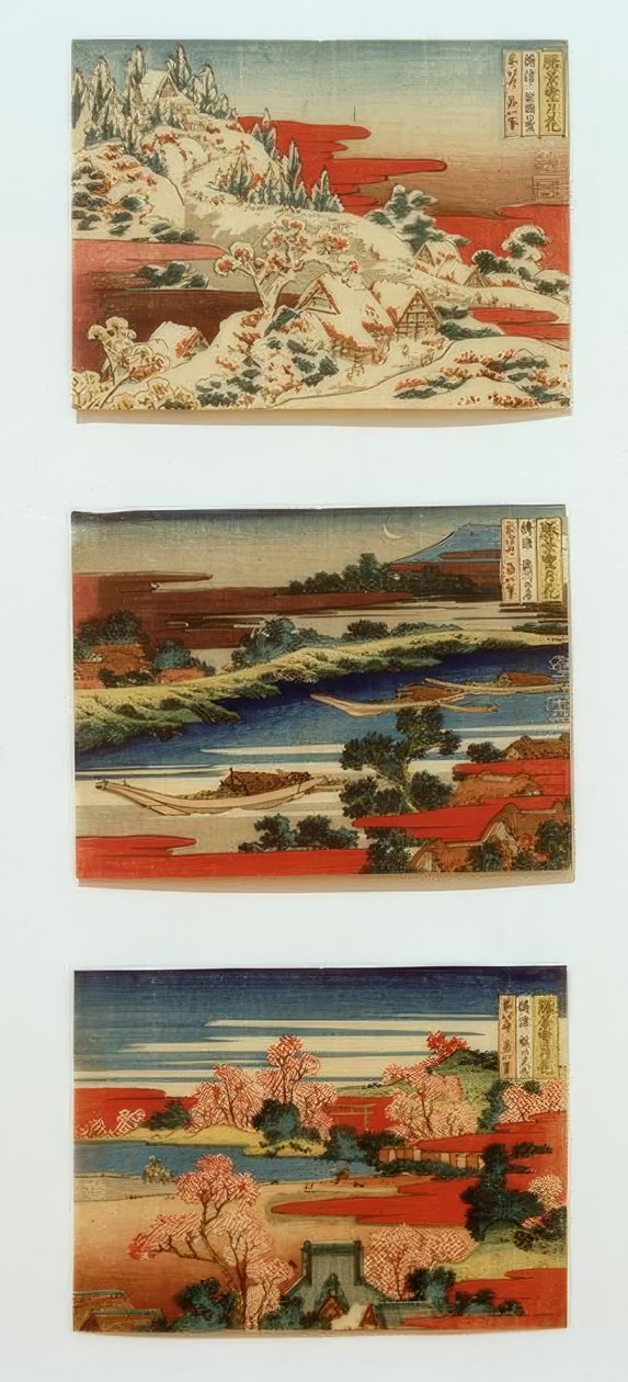 Nieve, luna y flores en hermosos paisajes de Katsushika Hokusai