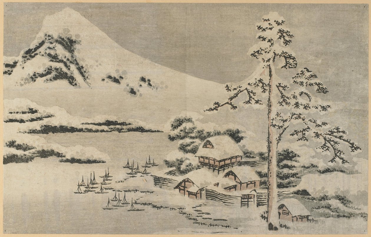 Pueblo costero nevado de Katsushika Hokusai