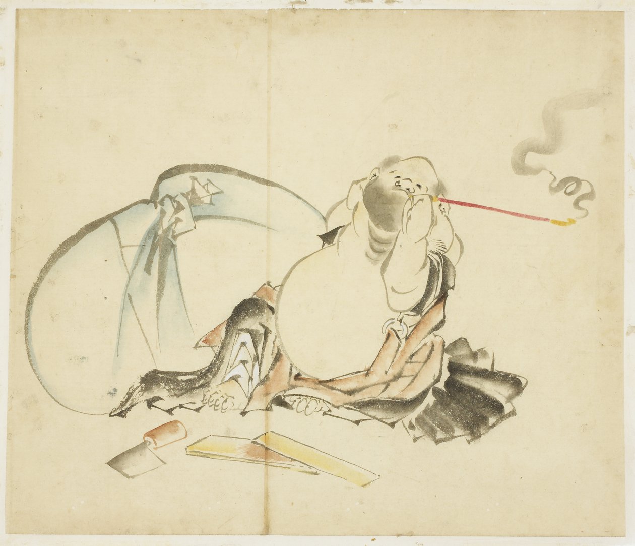 Hotei sentado fumando una pipa de Katsushika Hokusai