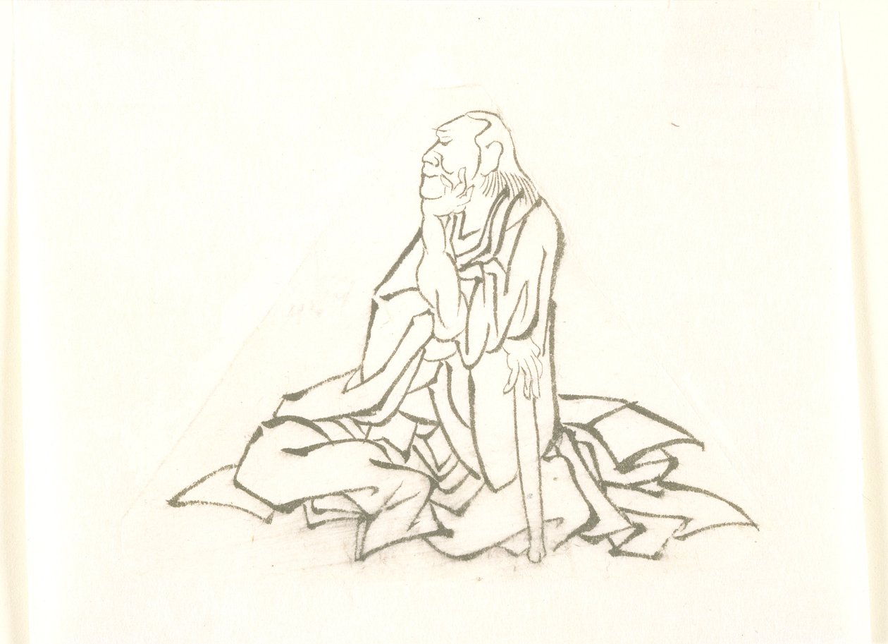 Anciano sentado, apoyado en un bastón de Katsushika Hokusai