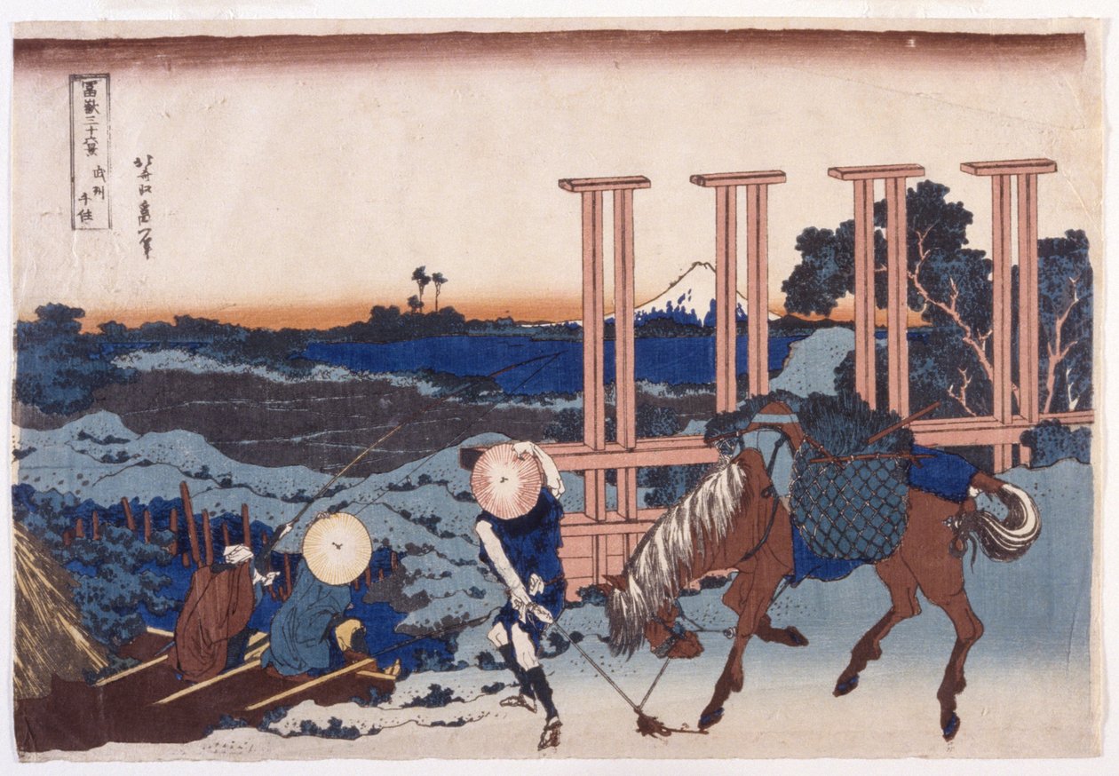 Senju en la provincia de Musashi (Bushu Senju) (xilografía en color) de Katsushika Hokusai