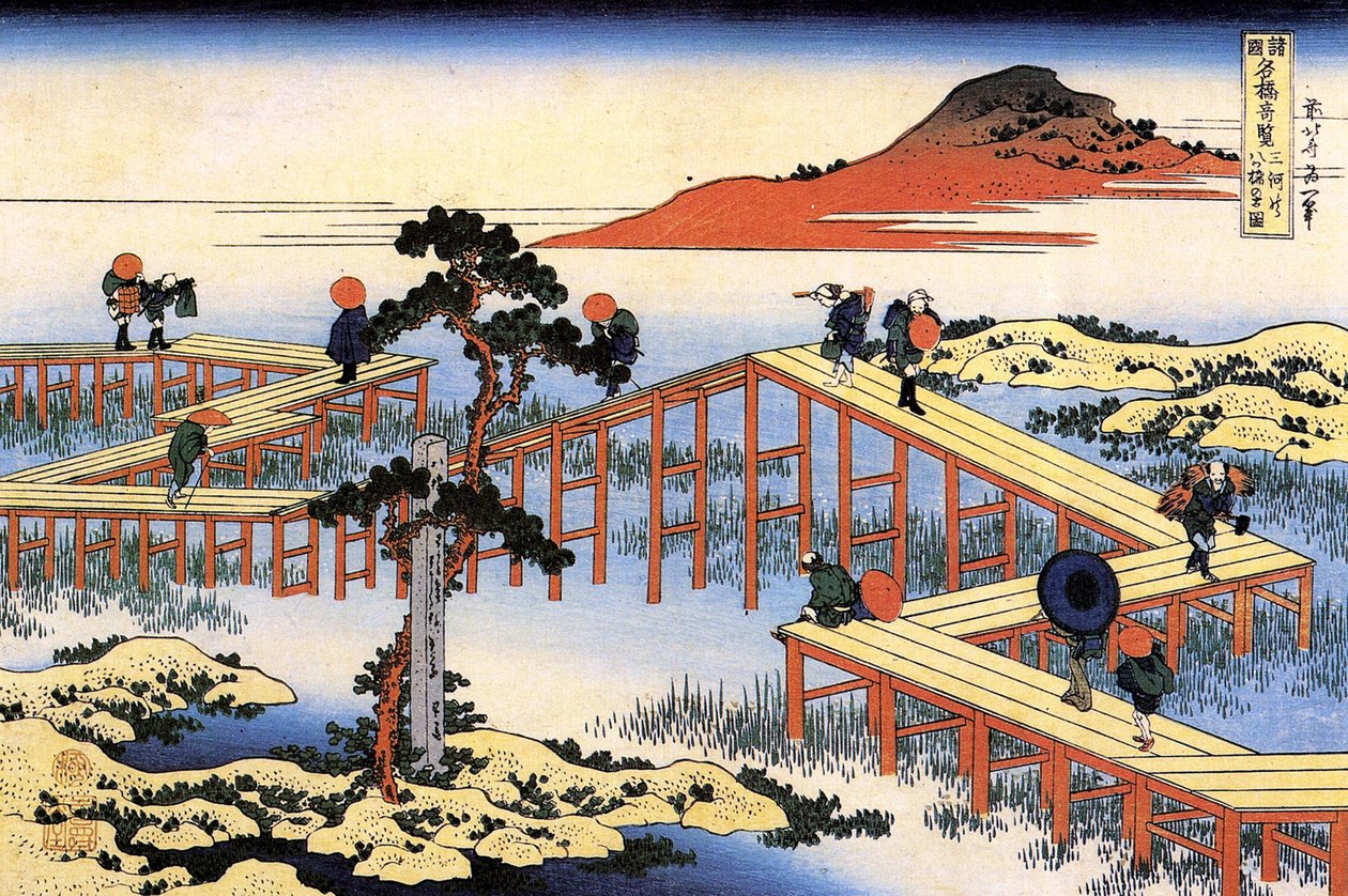 Serie de vistas notables de puentes de diferentes provincias: el puente Yatsuhashi en la provincia de Mikawa, Japón - Impresión de Katsushika Hokusai (1760-1849) (escuela ukiyo-e) 1835 State Hermitage San Petersburgo Rusia de Katsushika Hokusai