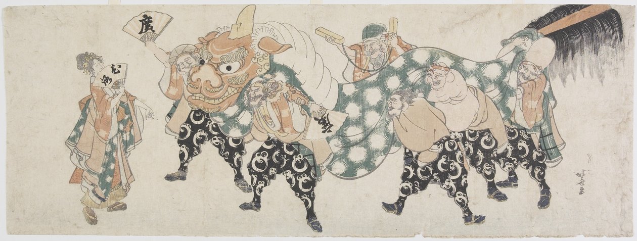 Seis dioses masculinos realizando la danza del león, 1797-1819 de Katsushika Hokusai
