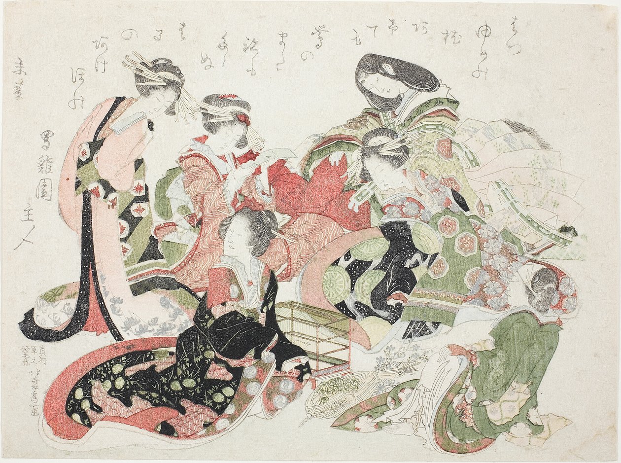 Seis mujeres sentadas alrededor de una jaula de pájaros de Katsushika Hokusai