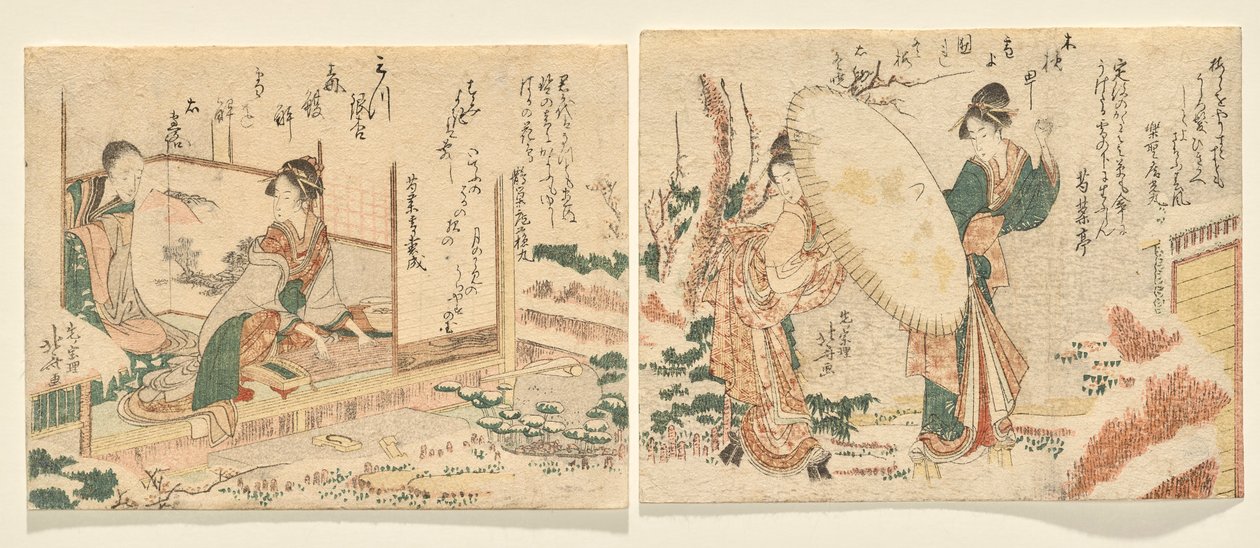 Snowy Morning: Dos mujeres caminan en un jardín cubierto de nieve en snow-geta con un paraguas; L: Mujer joven toca el koto y mira a su madre de Katsushika Hokusai