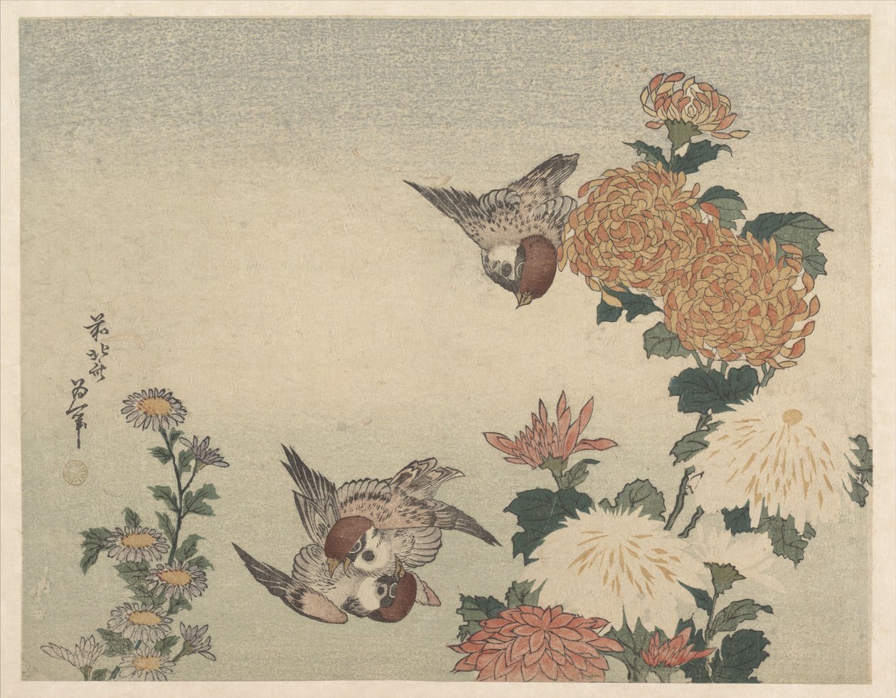 Gorriones y crisantemos de Katsushika Hokusai