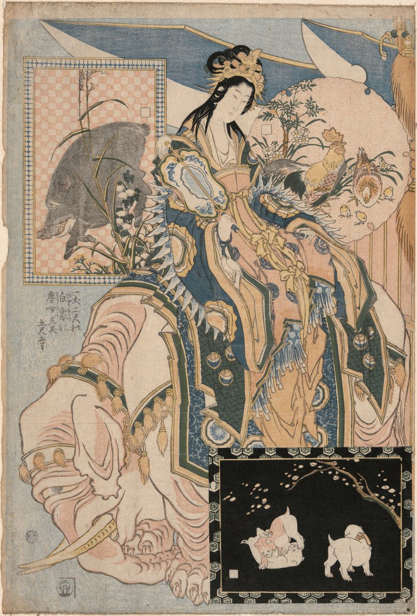 Tang Lady sobre un elefante blanco, de un conjunto publicitario de obras de paja gigantes en una atracción de feria de Katsushika Hokusai