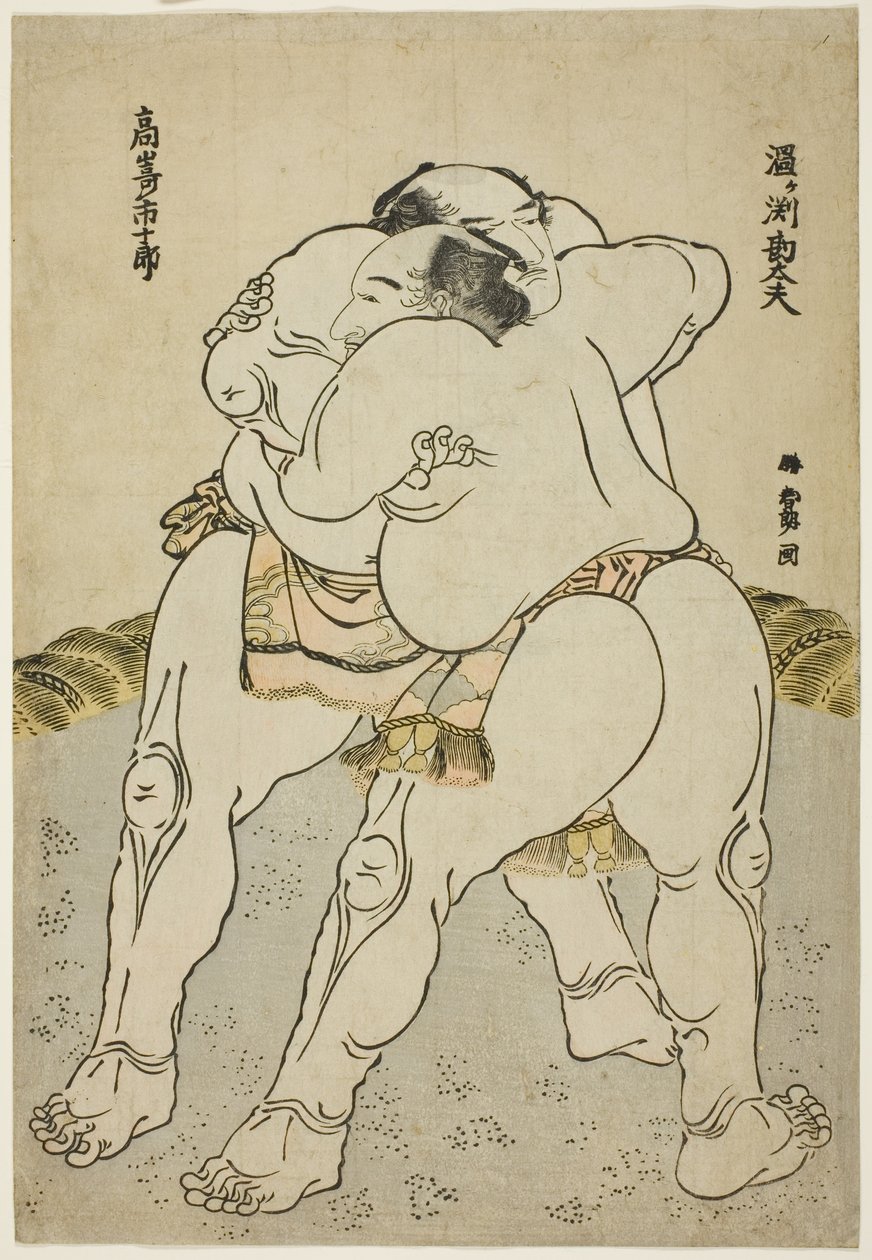 Los luchadores de sumo Uzugafuchi Kandayu y Takasaki Ichijuro de Katsushika Hokusai