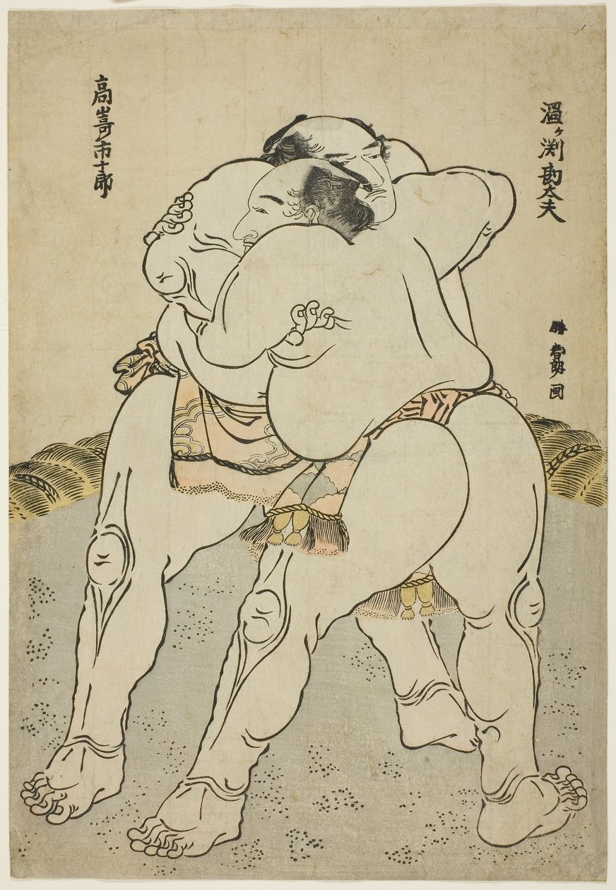Los luchadores de sumo Uzugafuchi Kandayu y Takasaki Ichijuro de Katsushika Hokusai