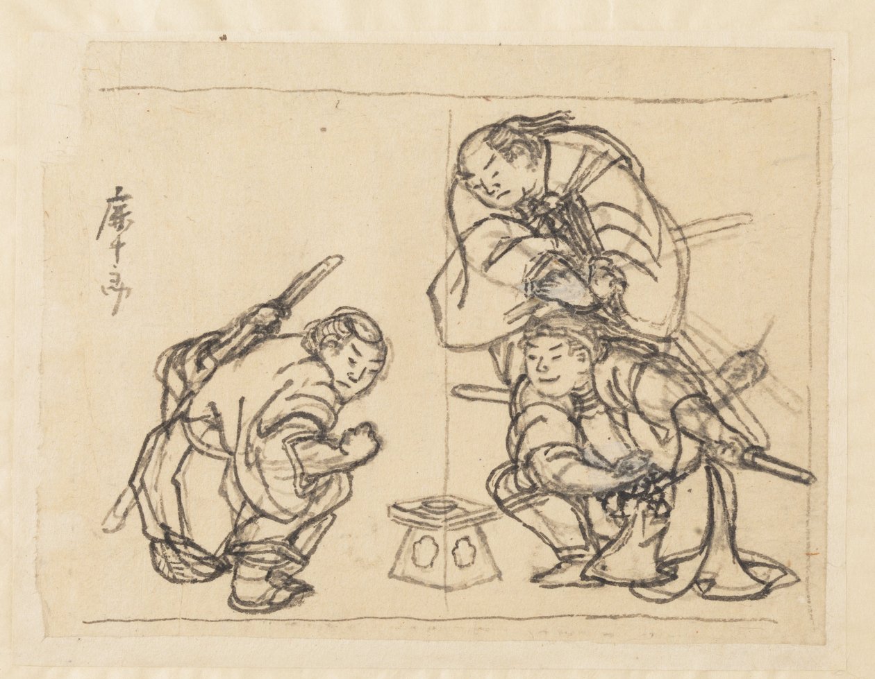 Tres hombres con una bandeja de Katsushika Hokusai