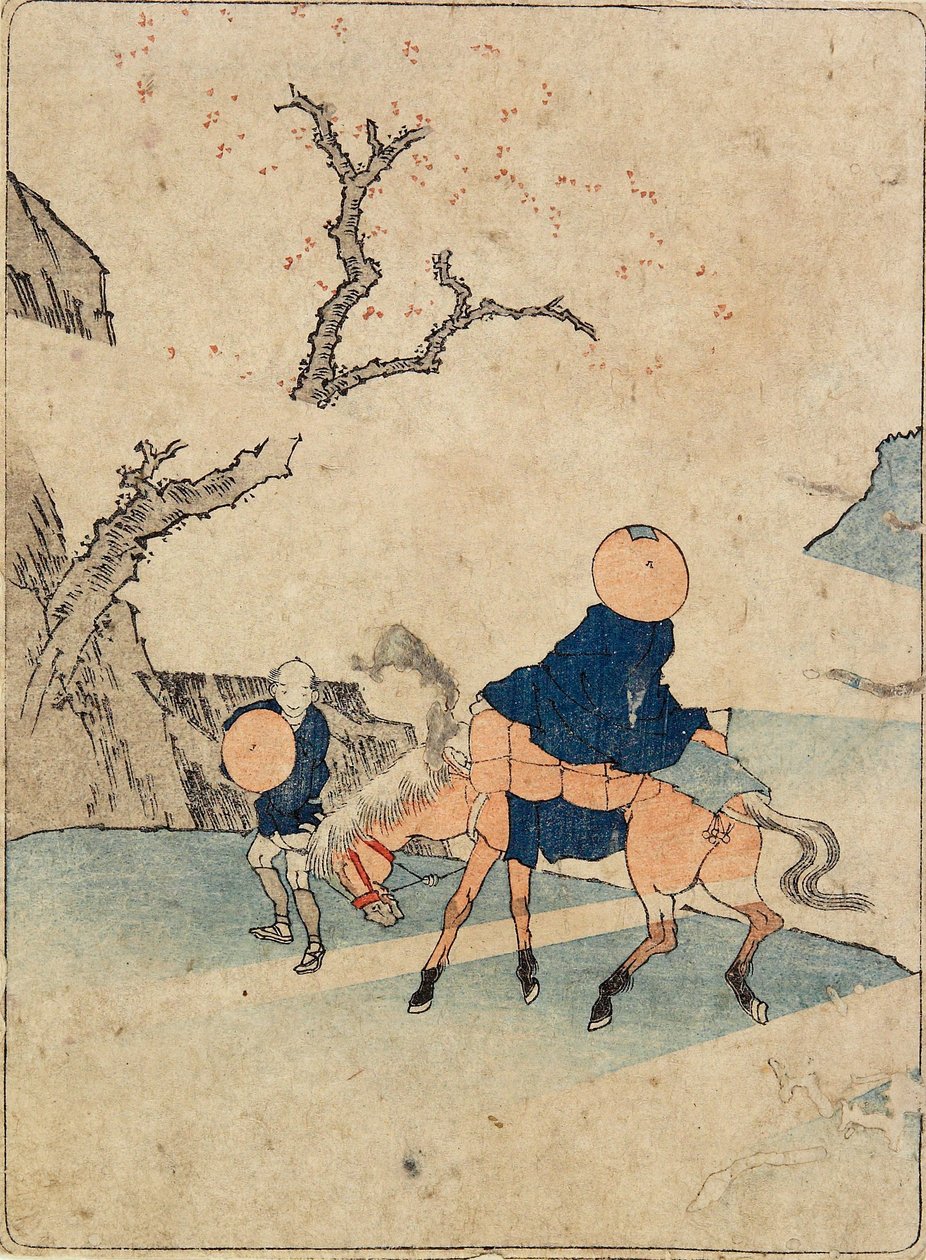 Viajero a caballo bajo un cerezo en flor de Katsushika Hokusai
