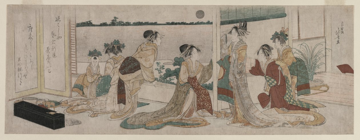 Tsukasa y otras cortesanas de Ogiya observando la luna de otoño sobre los campos de arroz desde un balcón en Yoshiwara de Katsushika Hokusai