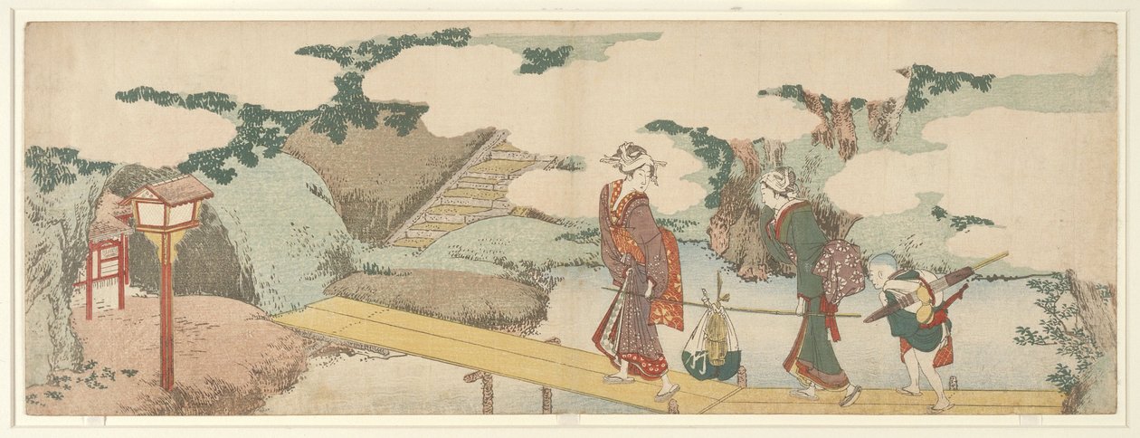 Dos mujeres y un niño en el paseo marítimo de Katsushika Hokusai