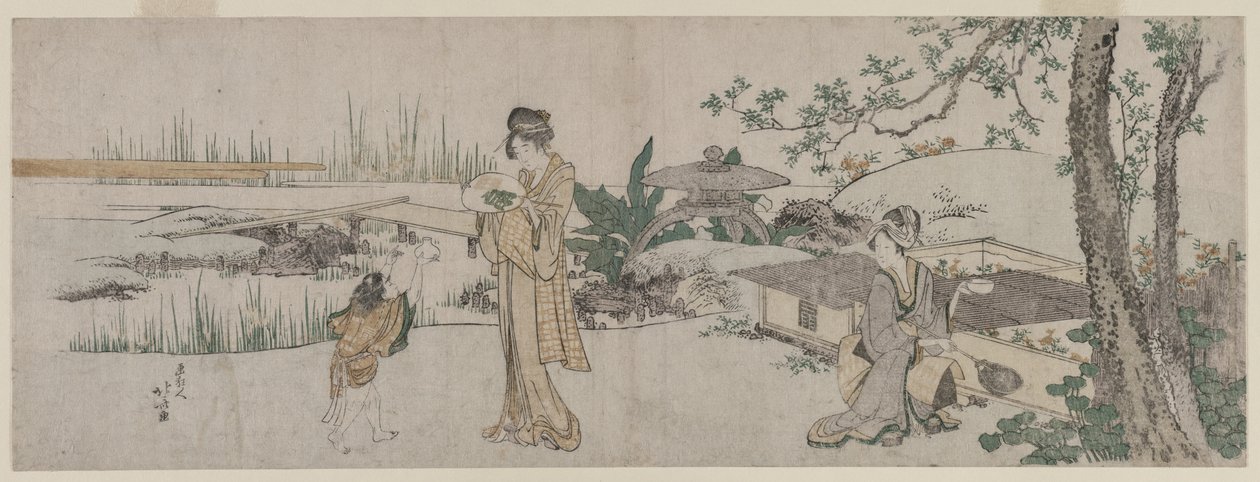 Dos mujeres y un niño junto a un tanque de peces dorados de Katsushika Hokusai