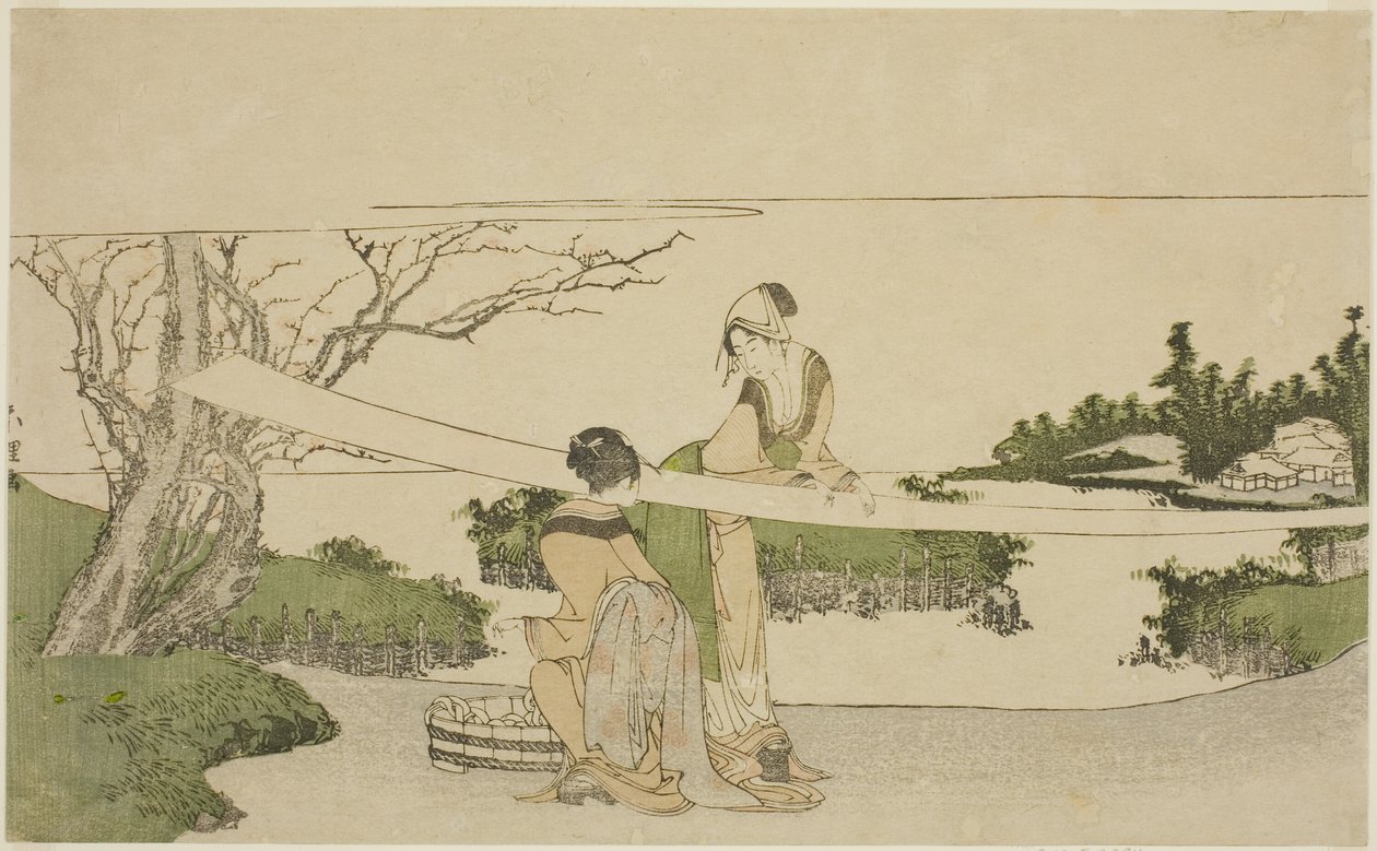Dos mujeres estirando tela de Katsushika Hokusai
