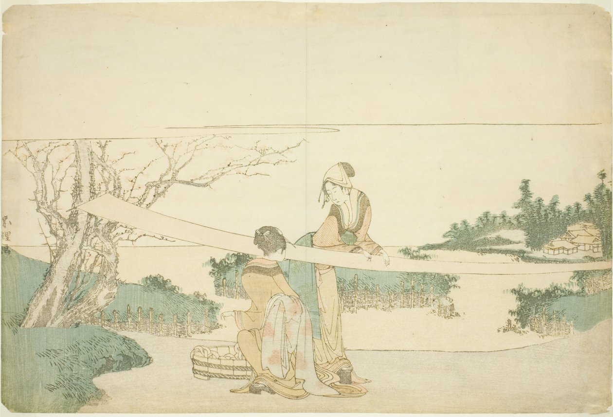Dos mujeres estirando tela de Katsushika Hokusai
