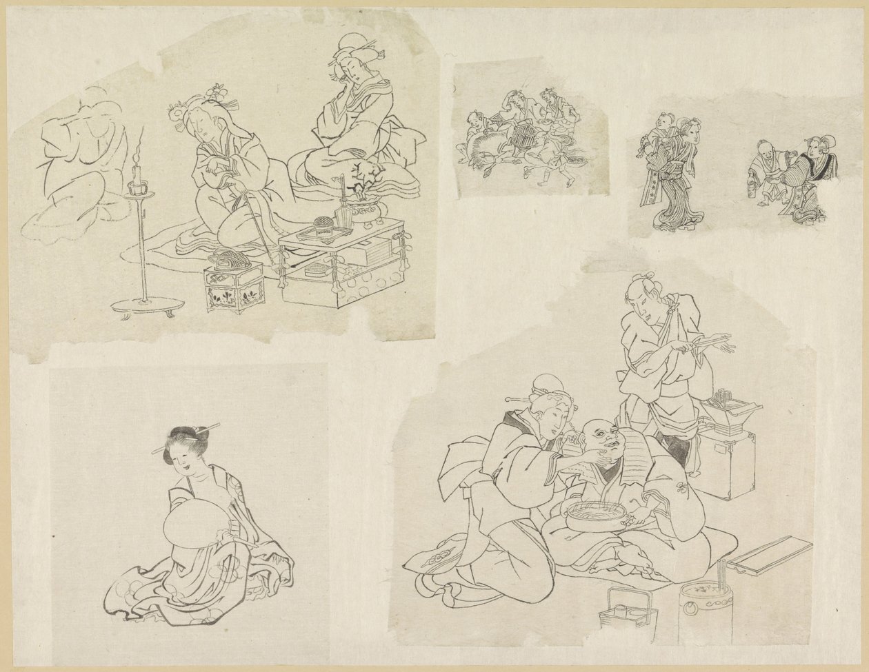 Cinco representaciones de personas en diferentes situaciones. de Katsushika Hokusai
