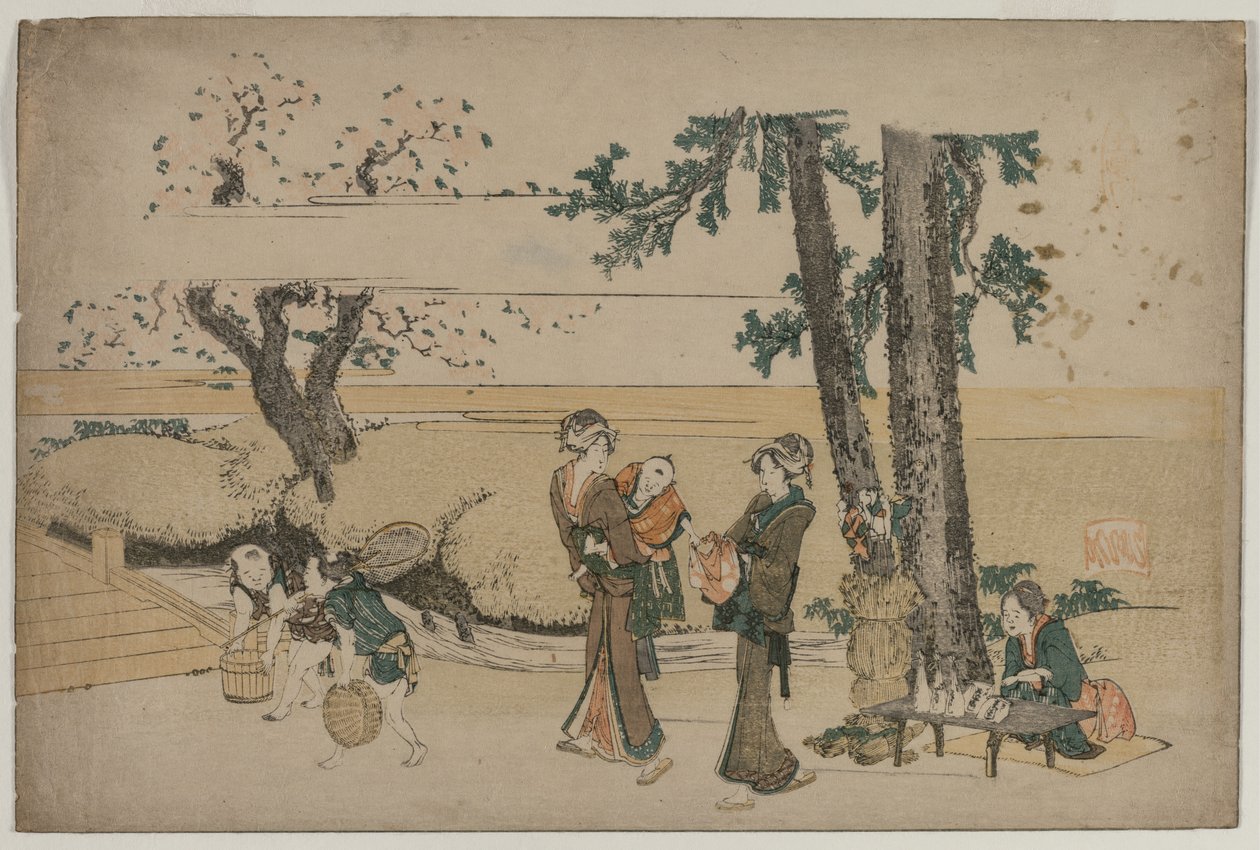 Mujer pasando por una tienda al borde del camino cerca de Oji de Katsushika Hokusai