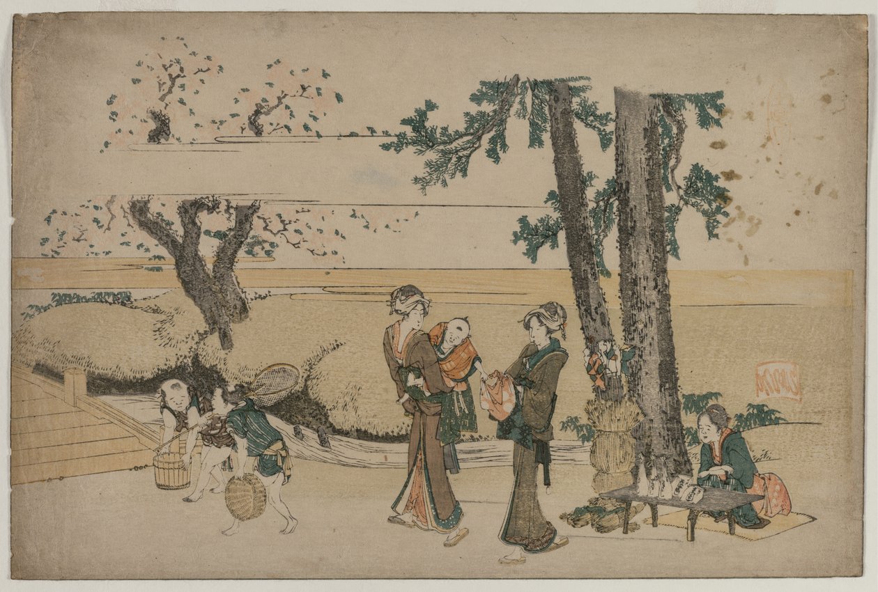 Mujer pasando por una tienda al borde del camino cerca de Oji, principios de 1800s de Katsushika Hokusai