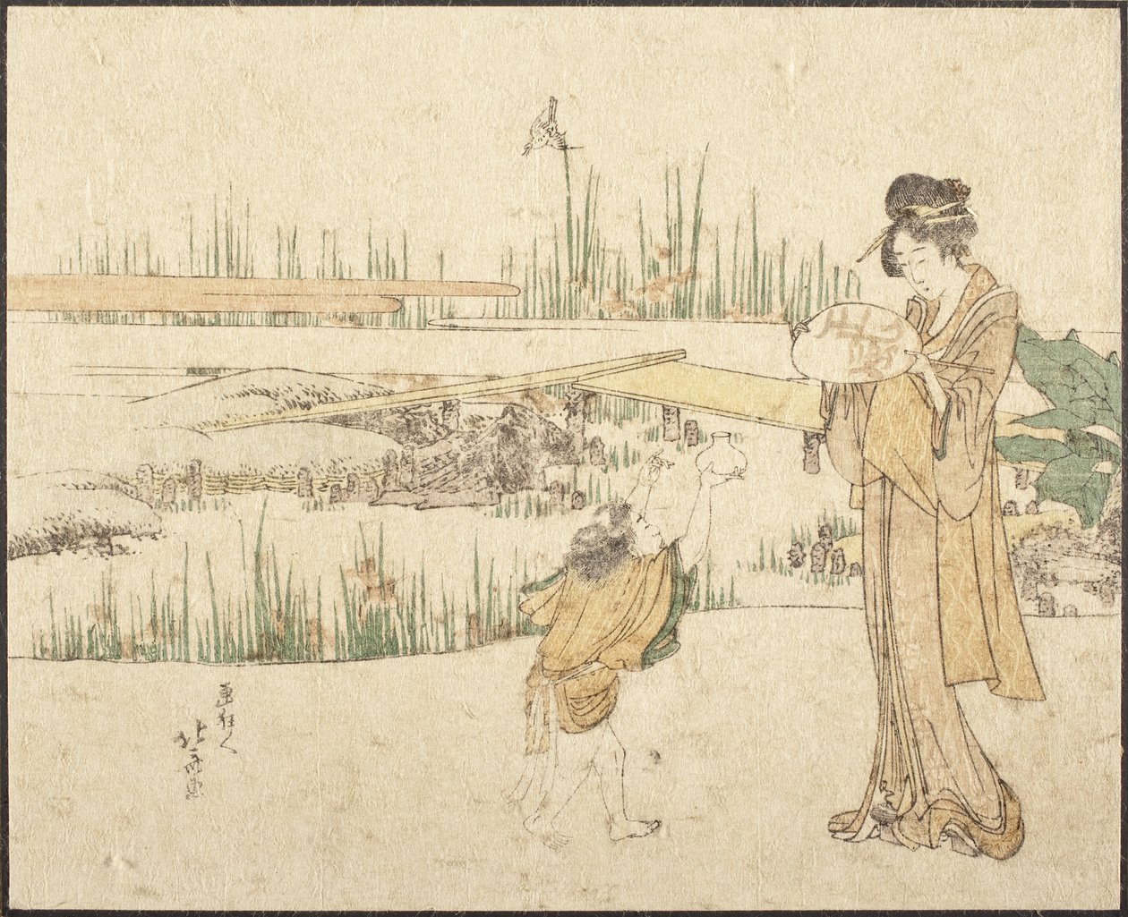 Mujer y niño en un jardín; fragmento de «El vendedor de peces de colores» de Katsushika Hokusai