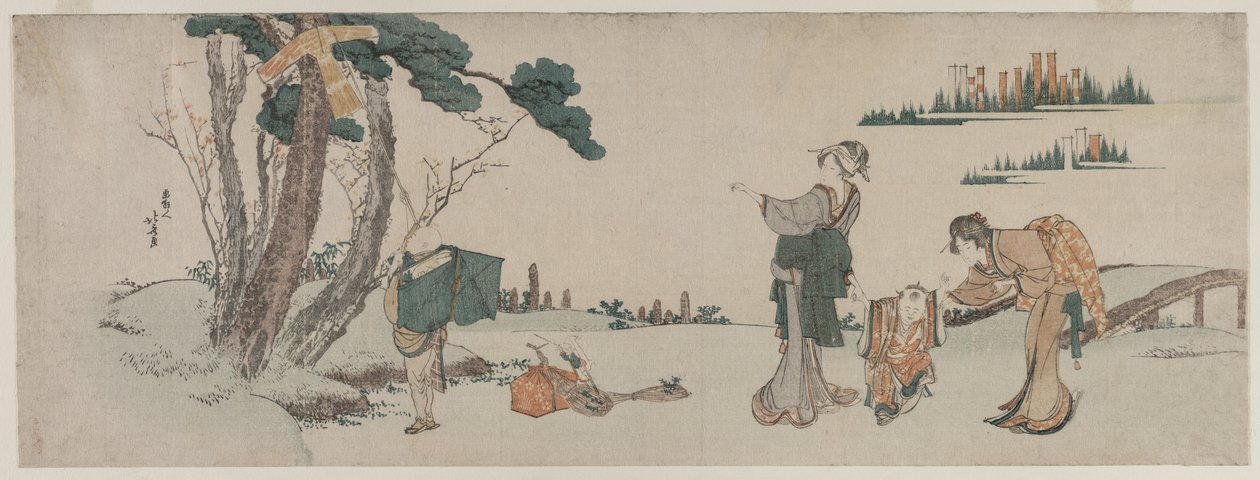 Mujeres Distrayendo a un Niño cuyo Cometa está atrapado en un Árbol de Katsushika Hokusai