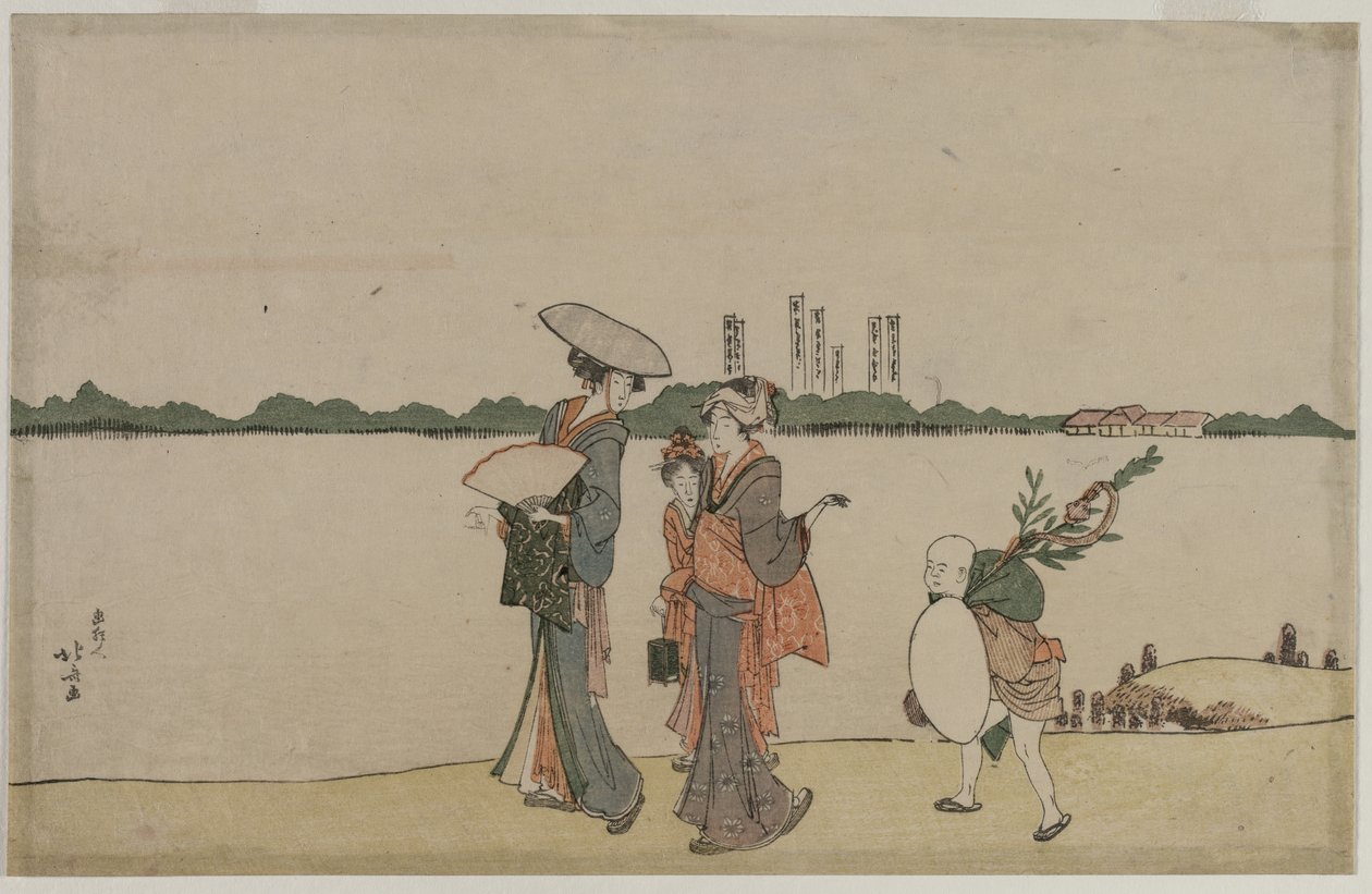 Mujeres y niños caminando a lo largo del río Sumida de Katsushika Hokusai