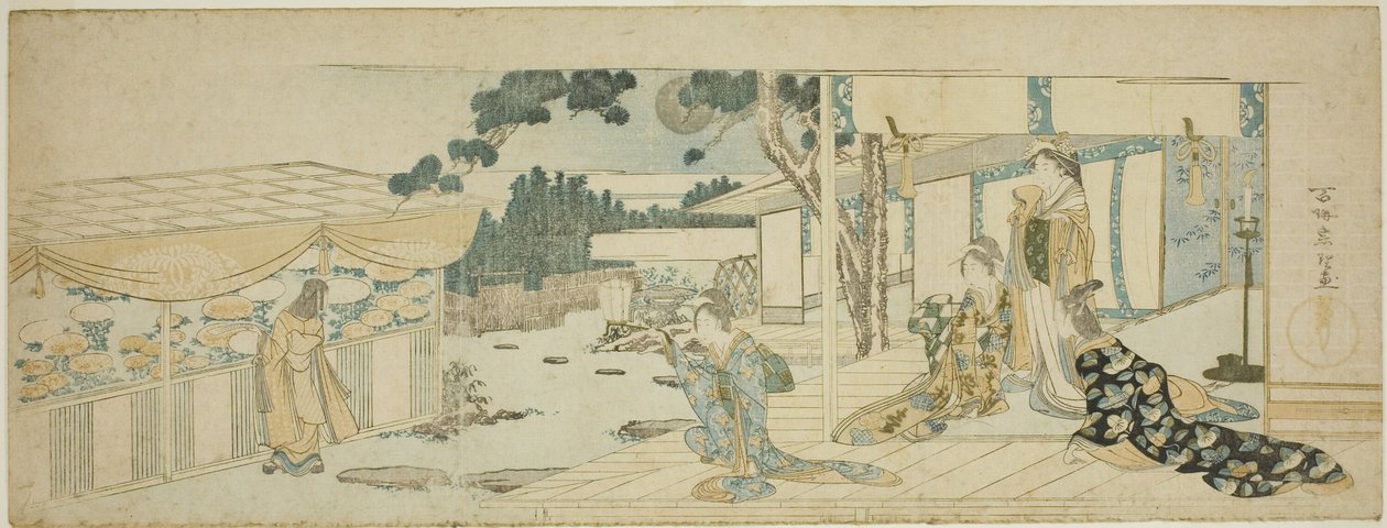 Mujeres en la veranda mirando a una chica que recoge flores de Katsushika Hokusai