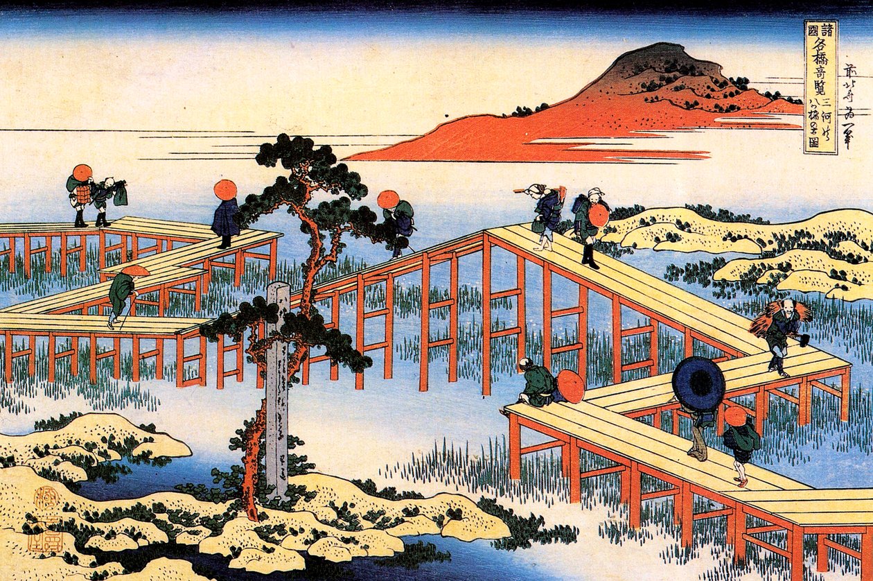 Yatsuhashi en la provincia de Mikawa, c. 1835 de Katsushika Hokusai
