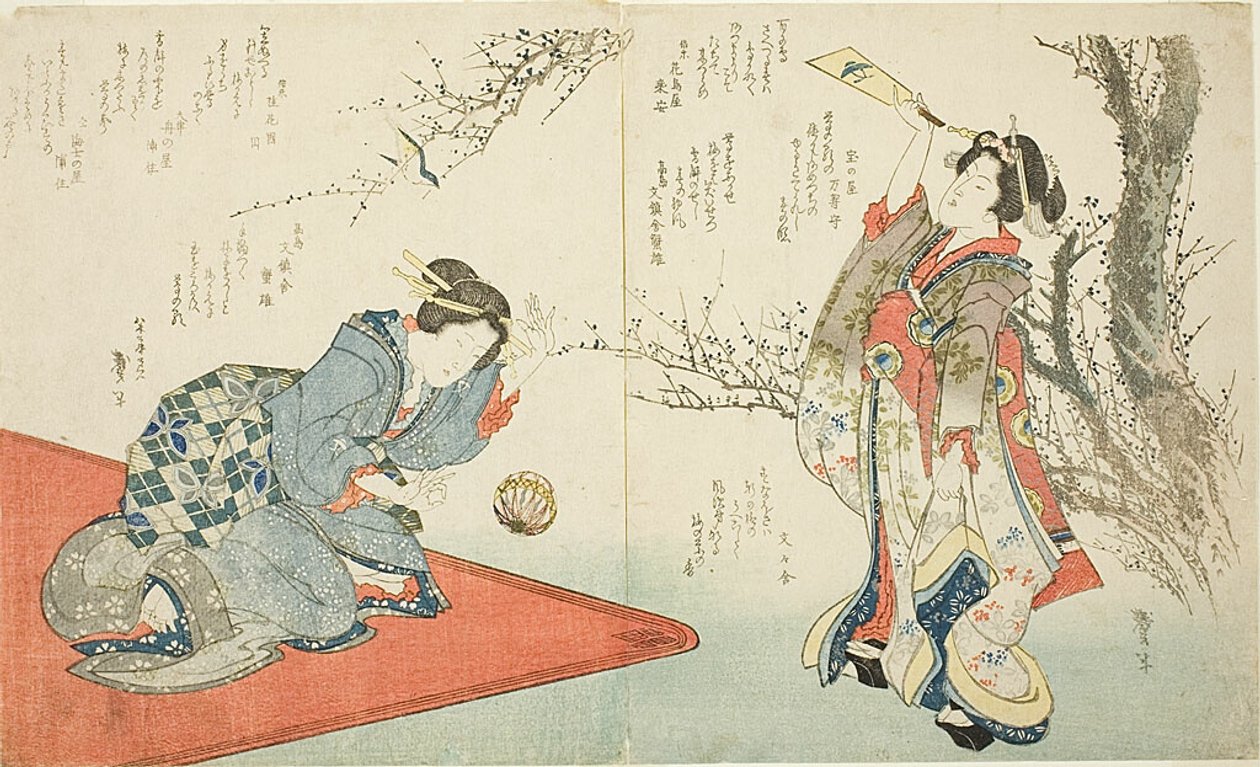 Dos mujeres jugando al volante de Katsushika Taito II