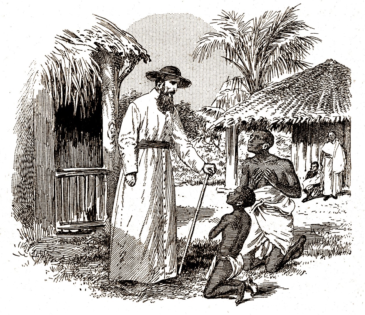 Un misionero católico en África practicando la conversión de un niño y su padre, c.1900 (grabado) de Alec Hunter
