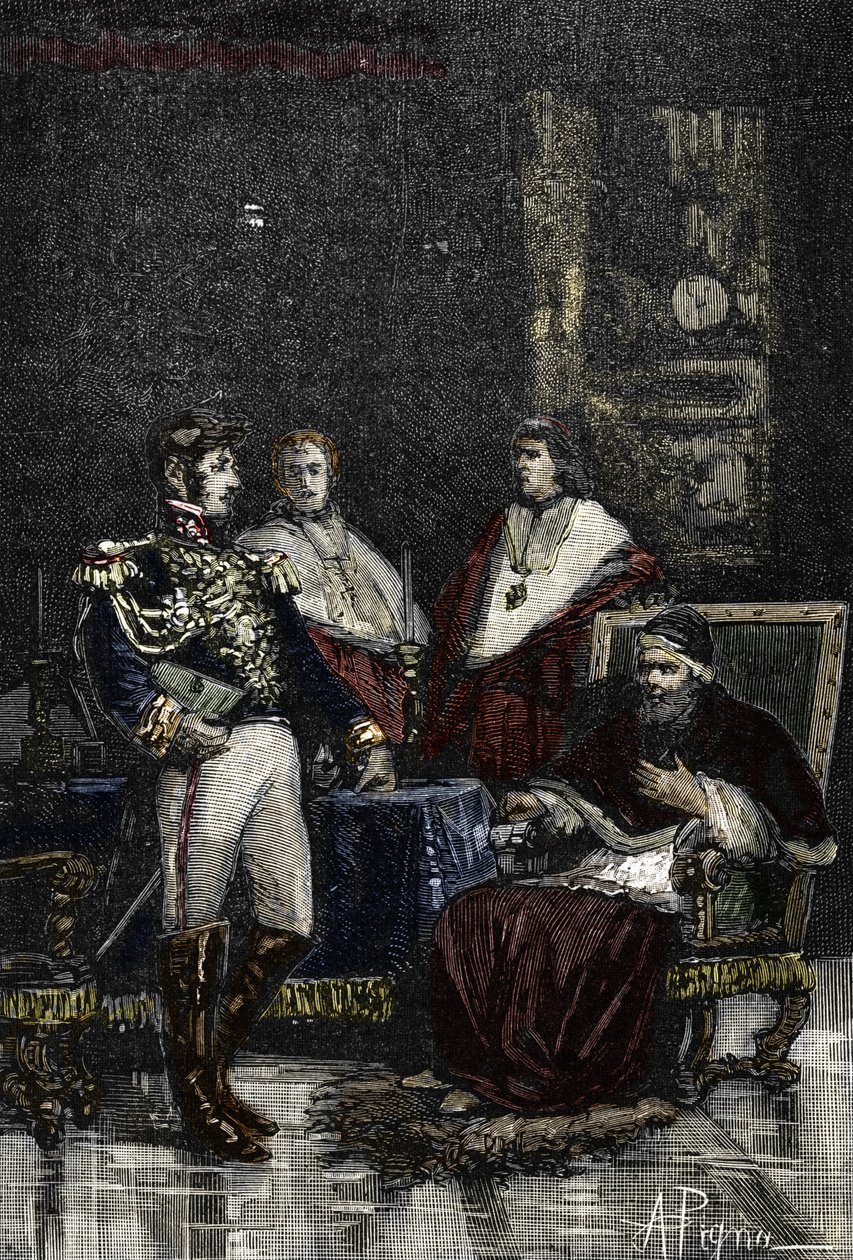El General Cervoni convocó al Papa Pío VI a abdicar de su soberanía temporal en 1798. 1882 (Grabado) de Alec Hunter