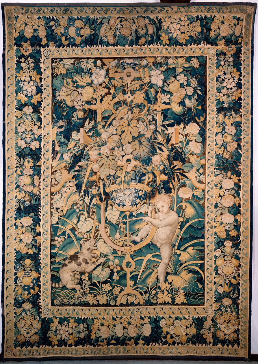 Tapiz. Enghien. Niño frente a un animal salvaje (Bambin taquinant un jeune fauve, De knaap met het jonge wilde dier). 363 cm x 259 cm. Un niño o putto burlándose de un animal salvaje, tal vez un leopardo, con una pera fijada en un palo. de Alec Hunter