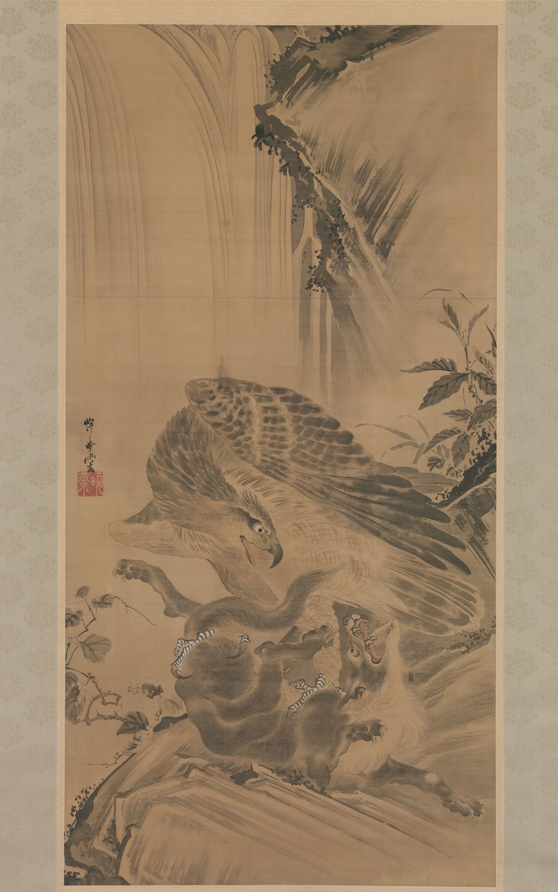 Águila atacando a un león de montaña, 1885 de Kawanabe Kyosai