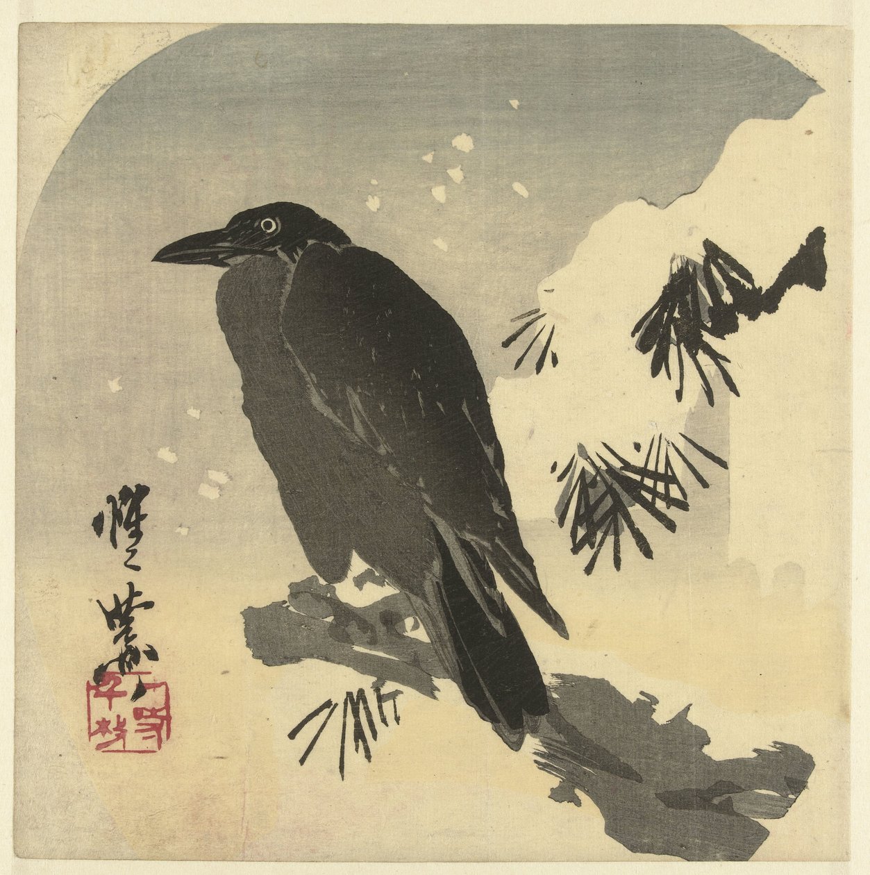 Cuervo en rama de pino cubierto de nieve de Kawanabe Kyosai